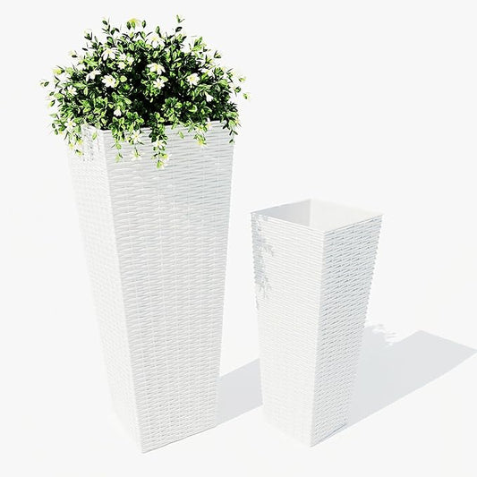 2 Pack Large Planters for Indoor Outdoor Plants, 24&32 inch Outdoor Planters for Porch with Drainage Holes, Plastic Planters for Outdoor Plants, Flower Pots for Plants, Trees, Patio, Garden, White