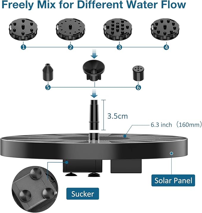 AISITIN Solar Fountain Pump 2.5W, 6.7" Solar Powered Water Fountain Pump for Bird Bath, solar pump for fountain with 6 Nozzles for Garden, Ponds, Pool, Fish Tank, Outdoor and Aquarium