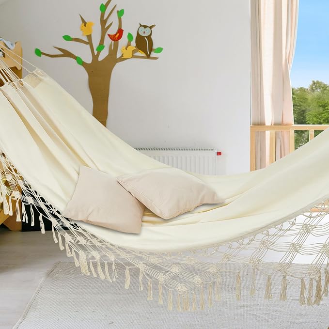 JoyView Boho Macrame Double Hammock with Hanging Ropes & Elegant Tassels 86.6x59 Portable Cotton Hammock for Patio Backyard Porch 450LBS Weight Capacity Perfect for Outdoor/Indoor - Beige Color - Image 7