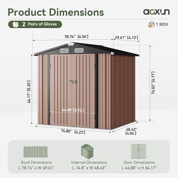 Aoxun 6.2x4 FT Shed Outdoor Storage Shed with Lockable Doors & Slooping Roof Metal Garden Tool Shed for Backyard, Patio, Poolside (Brown) - Image 2