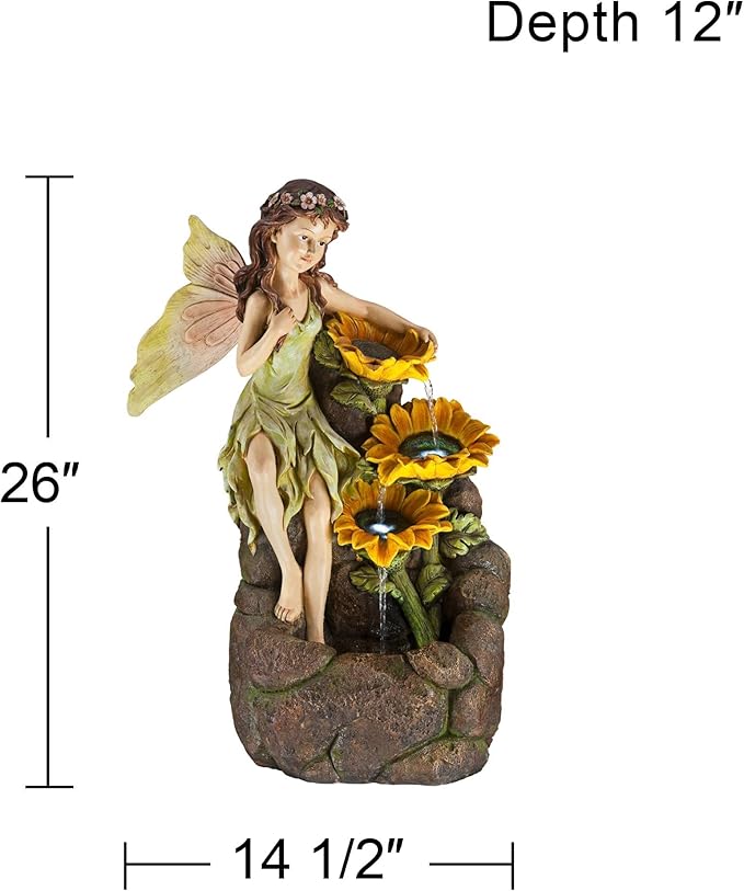 Garden Fairy with Sunflowers 26" High Large Modern Indoor Outdoor Cottage Core Decor Faux Stone Floor Fountain with Light LED Cascading Water Feature for Outside Patio Yard Backyard - John Timberland