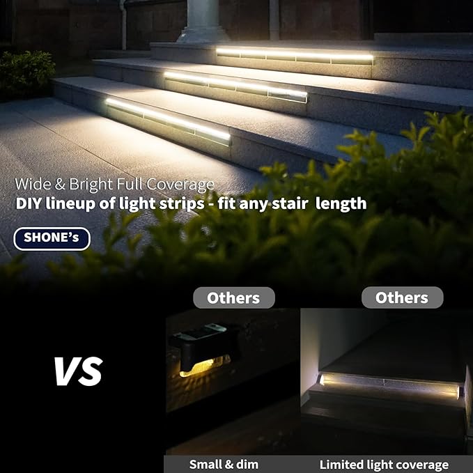 Solar Step Lights for Outside, 33 Focused-Beam High-Brightness LEDs, Waterproof Aluminum Outdoor Stair Light for Risers, Curbsides, Poolsides, Planter Edges (Warm White, 8Pack)