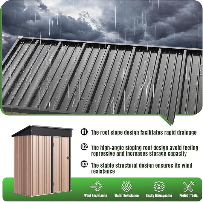 Aoxun 5' x3 ' Outdoor Metal Storage Shed with Galvanized Steel Base, Heavy-Duty Garden Tool Shed for Patio, Lawn, and Garden, Brown - Image 5