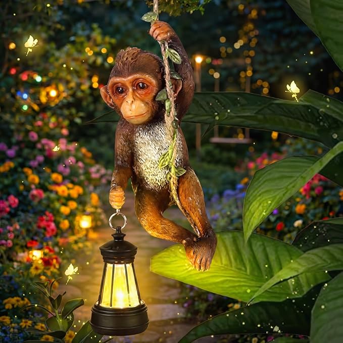 Solar Light Outdoor Monkey Statues Brown 7.48 Inch Resin Chimpanzee Baby Monkey Climbing on Vine with LED Lantern Waterproof Hanging Figurine with Hook for Yard Garden Wall