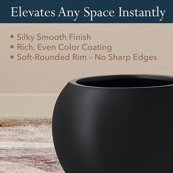9.7" H x 12" D Premium Globo Fiberstone Round Planter with Drainage Hole, Smooth Finishes, Weather Resistant for Indoor and Outdoor Use, Included 2 Extra Coco Mats (Black, 7.8" Pot Opening)