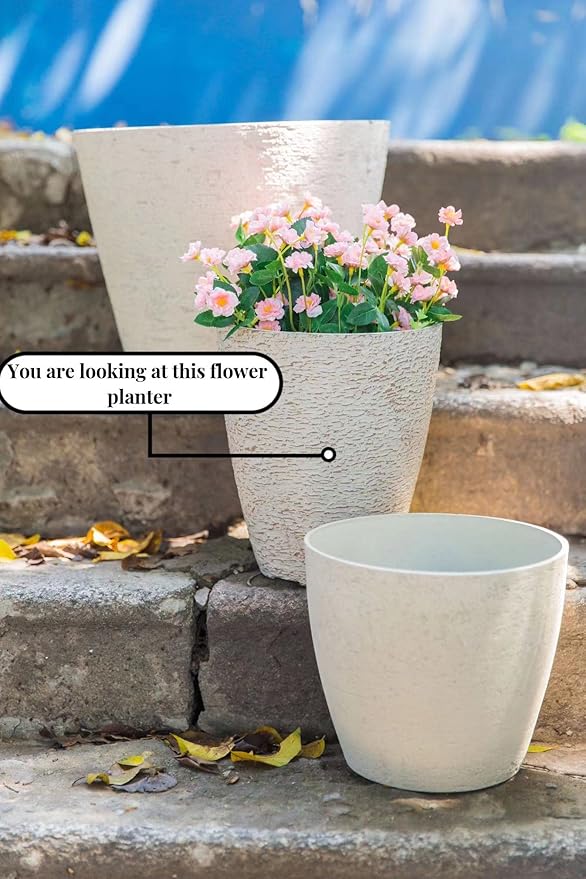 10 inch Garden Planter Lightweight Indoor Outdoor Pots with Drainage Hole for Potted Plants Flowers Greenery, Set of 2 (Beige Grain Texture)