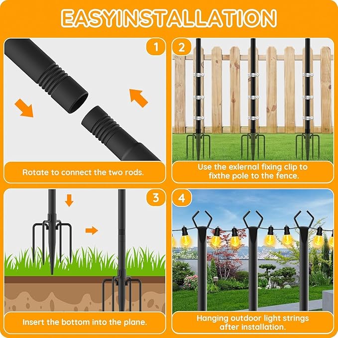6 Pack String Light Poles, Outdoor String Light Pole 10 ft Forked Metal Light Pole with Adjustable Outdoor Light Stand, Deck, Backyard, Garden, Wedding, Rustproof and Sturdy with Hooks.