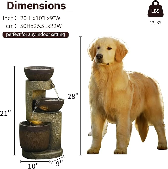 3-Tier Natural Bowl Cascading Garden Water Fountain with LED Lights - Water Fountain Outdoor Indoor Decor for Garden, Patio, Deck, Porch and Office Living Room Home Art Decor 10"x9"x20"