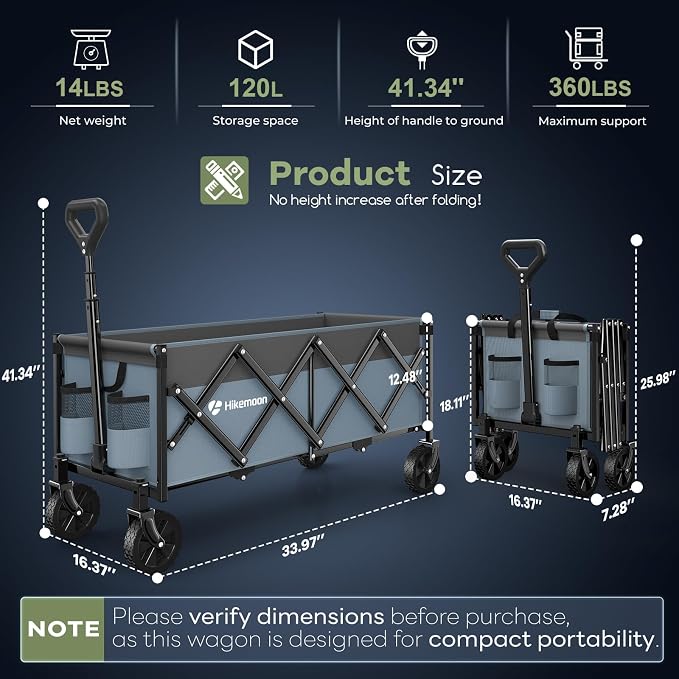 Hikemoon 34'' Extra Long Collapsible Wagons Carts Foldable, 360LBS Heavy Duty Folding Beach Wagon with Wheels, Portable Utility Outdoor Cart for Grocery, Garden, Sports, Camping, Blue & Grey - Image 2
