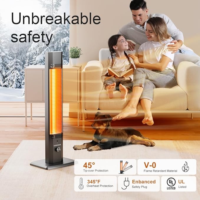 42 INCH Outdoor Patio Heaters, 9 Heat Levels & 9H Timer, Outdoor Heater w/Safety Lock, 1500W Infrared Heater, Remote Control, IP65 Waterproof, Tip-Over &Overheat Protection for Outdoor, Black