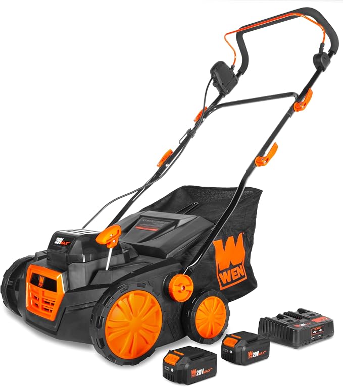 Wen 20V Max Cordless 15-Inch 2-in-1 Brushless Electric Dethatcher and Scarifier with Collection Bag, Two 4.0 Ah Batteries, and Dual-Port Charger (20716) by WEN