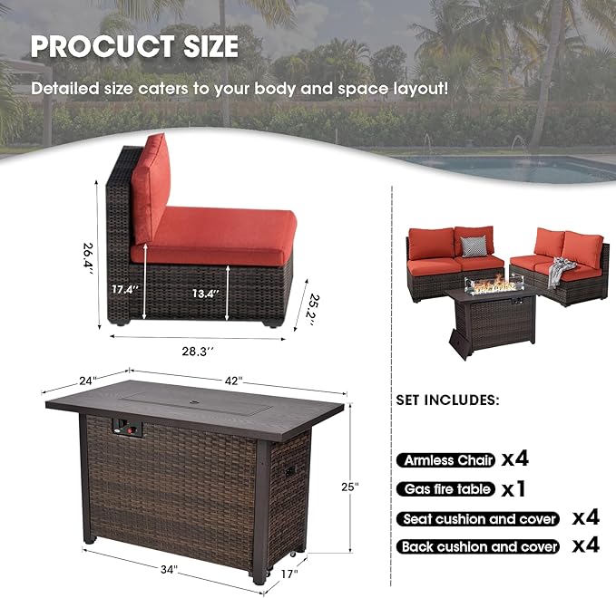 Grezone 5 Piece Patio Furniture Set with 44" Fire Pit Table, Outdoor Sectional Couch, PE Rattan Patio Conversation Sets with 4inch Cushions for Backyard Red
