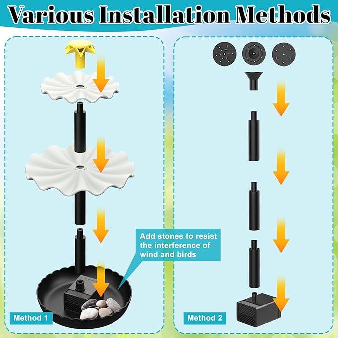 Bird Bath Solar Fountain Pump, Water Pump Set Solar Powered Waterfall Featur, DIY Solar Fountain Detachable and Suitable for Birdbath Garden Decoration Outdoor Bird Feeder (3-Tier)