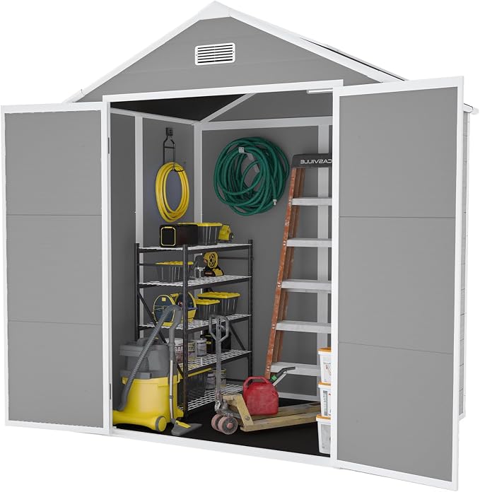 YOPTO 6x5 FT Resin Storage Shed,Garden House with Floor & Lockable Door,Waterproof Plastic Tool Sheds W/Slanting Roof Visual Window & Air Vents for Bicycles,Lawnmowers,Lawn,All Weather Use,Gray - Image 15