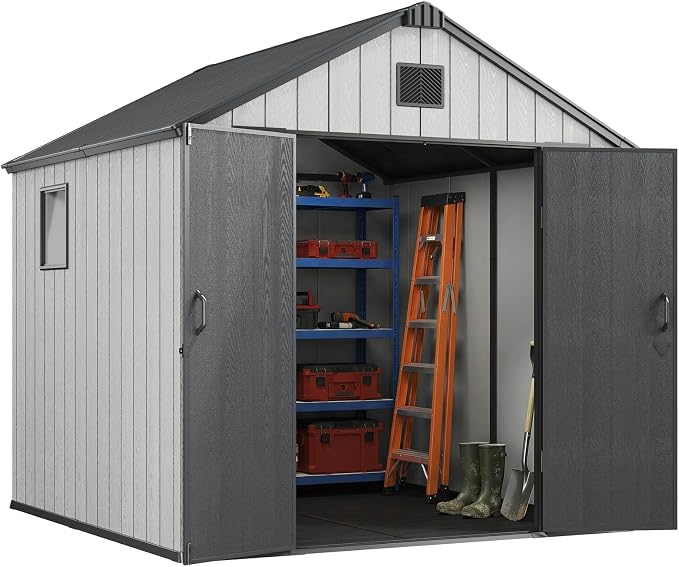 Jocoevol Outdoor Storage Shed, 8x8FT Resin Shed with Floor/Windows/Lockable Door/Vents, 15mm Thickened Heavy Duty All-Weather Garden Tool Shed for Backyard, Patio, Lawn, Gray by JOCOEVOL
