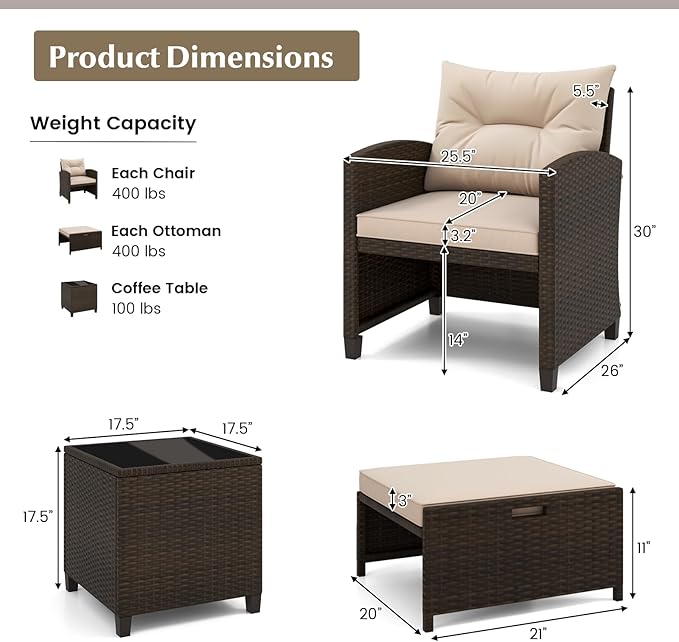 KOTEK 5 Pieces Patio Furniture Set with Ottomans, Wicker Patio Conversation Set with Coffee Table & Cushions, PE Rattan Outdoor Lounge Chairs for Backyard, Porch, Poolside (Mix Brown- Beige)