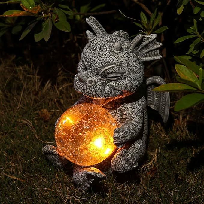 Solar Powered Garden Dragon Statue with Glowing Glass Ball - Outdoor Decoration, Automatic Dusk to Dawn, Weather Resistant Sculpture for Gardens, courtyards, and terraces - Unique Gift