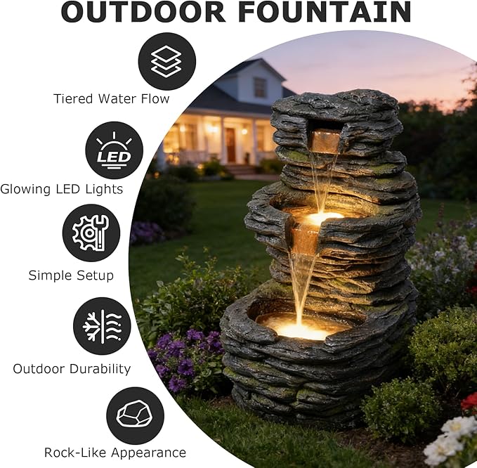 28.8” Tall Rock Water Fountain Outdoor Garden, 3-Tiers Cascading Rock Natural Waterfall Fountains with LED Lights, Indoor Resin Water Feature Fountain for Patio, Backyard, Deck, Porch
