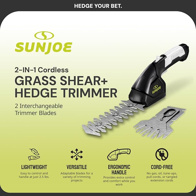 Sun Joe HJ604C Cordless Grass Shears and Hedge Trimmer, 2-in-1 Handheld Shrub Trimmer, 7.2V Lithium-Ion Battery, 1250 RPM Steel Blades, Charger Included - Image 2