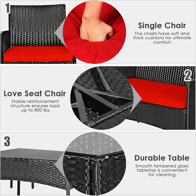 4 Pieces Patio Furniture Set, Outdoor Conversation Set with Ergonomic Curved Backrest, Patio Chair Set with Water-Resistant Cushion & Tempered Glass Table for Balcony,Porch,Poolside (Red)