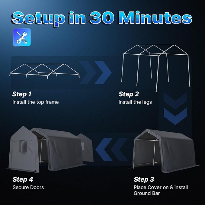 ADVANCE OUTDOOR 8x14 ft Steel Metal Peak Roof Portable Garage Shelter Storage Shed Carport for Motorcycle, Bike or Garden Tools with 2 Roll up Doors & Vents, Gray - Image 2
