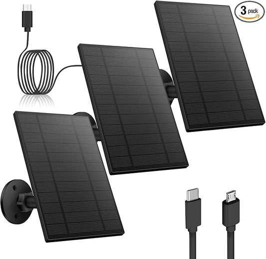 5W Solar Panel for Security Camera, Solar Panel with Micro USB & USB-C Port for DC 5V Outdoor Rechargeable Battery Camera, IP65 Waterproof, 360° Adjustable Security Mount, 9.8ft Cable (3, Black) by Catgod