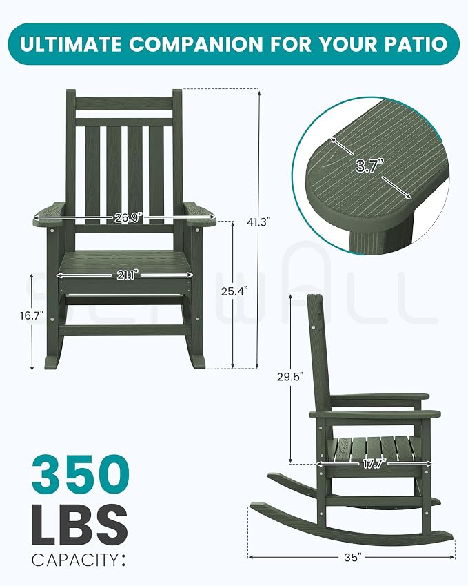 SEWALL HDPE Rocking Chair, Oversized Outdoor Rocking Chair for Adults, Patio Rocker for Porch, Avocado Green - Image 2