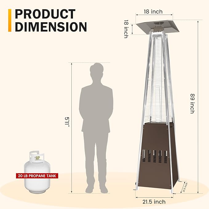 Sundale Pyramid Patio Heater, 48,000 BTU Propane Outdoor Heater with Wheels and Tip-Over Protection, Thickened Glass Tube Patio Heaters for Outdoor Use, Commercial & Residential (Brown)