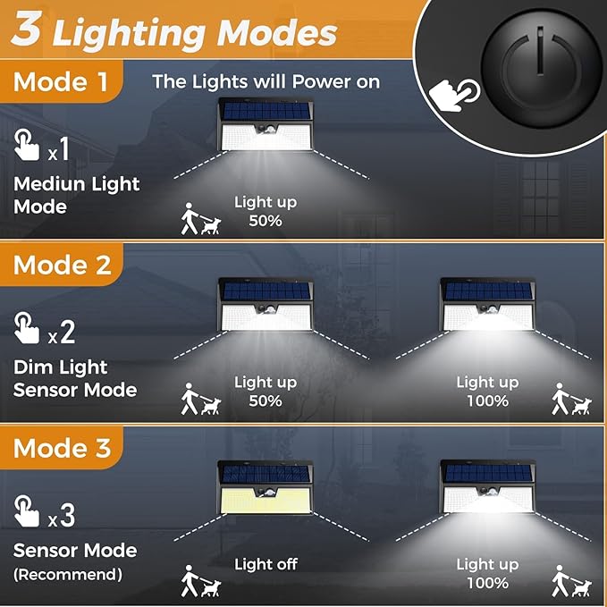 4 Pack Solar Lights Outdoor Motion Sensor, 318 LED Waterproof Fence Light with 3 Lighting Mode, Cool White LED Deck Light for Outside Wall Yard Chichen CoopGarden