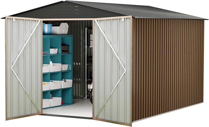 10x10FT Outdoor Metal Storage Shed, Lockable Weatherproof Garden Shed for Tools & Equipment, Durable Galvanized Steel with Sloping Roof & Ventilation, Ideal for Backyard, Patio & Garage Storage, Brown by BouPower