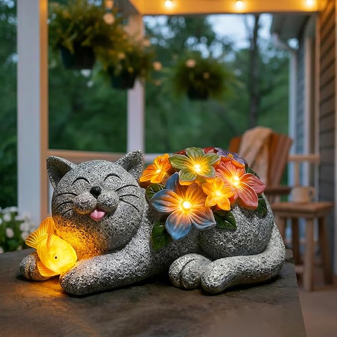 Solar Cat Garden Statue with 6 LED Lights-Outdoor Decorative Cat Figurine Lighting for Patio,Yard,Lawn-Waterproof Animal Statue,Unique Home Garden Decor Unique Housewarming Gifts