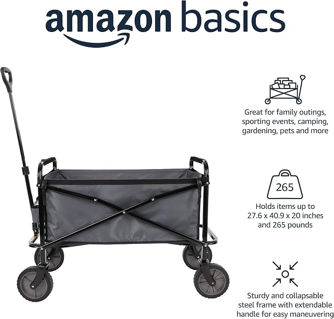 Amazon Basics Collapsible Heavy Duty Utility Wagon for Outdoor Sports, Camping, Garden, and Shopping, 265 Pounds Capacity, 27.6 x 40.9 x 20 inches, Gray - Image 2