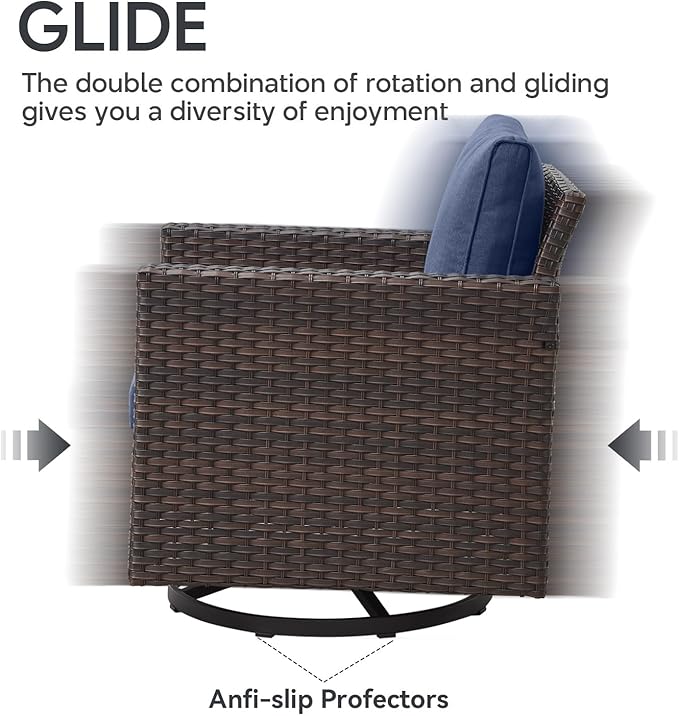 4 Piece Wicker Patio Furniture with Fire Pit Table - Outdoor Conversation Set with 50,000 BTU Fire Pit, All Weather Rattan Patio Set for Deck Backyard Garden - Brown Wicker Blue Cushion