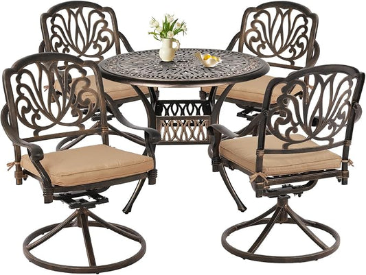 Grepatio 5 Piece Outdoor Dining Set Cast Aluminum Patio Dining Set Table and Chairs Outside Furniture 4 Swivel Chairs with Cushion and 1 Umbrella Hole Round Dining Table for Lawn Garden Patio (Khaki) by Takesyoutohaveawonderfullife
