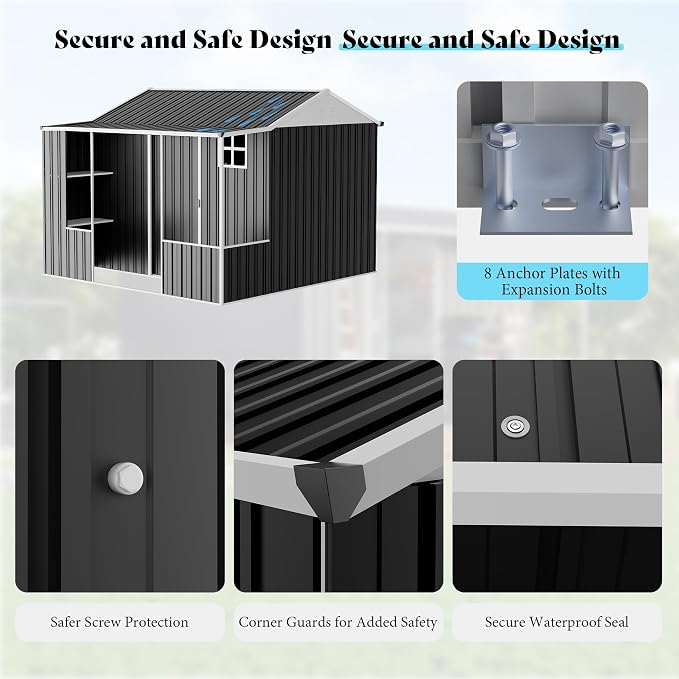 VanAcc 9x9x7 FT Metal Storage Shed, Dual-Zone Tool Shed with Work Area, Reinforced Frame, Gable Roof, Ventilated Design, Dark Grey - Image 6