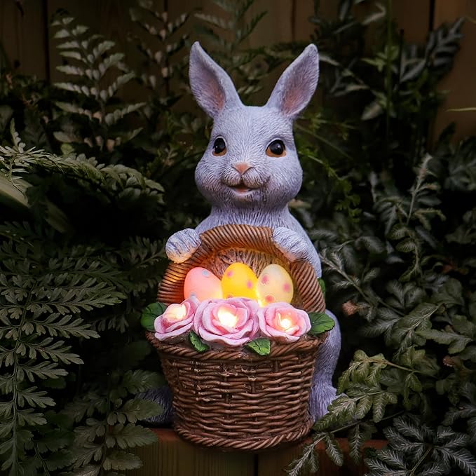 Bunny Easter Decorations Outdoor, Solar Rabbit Garden Statue, Unique Outside Lawn Animal Ornaments for Patio Clearance Balcony Court, Great Housewarming Gifts to Mom Women Birthday Mother's Day