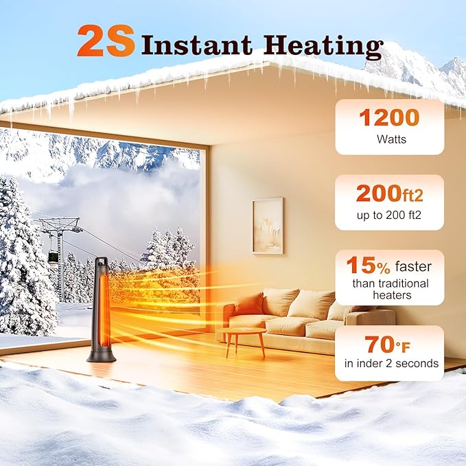 Outdoor Patio Heater, Electric Infrared Heat for Garage Backyard Indoor use, Portable Space Radiant Tower Heater with 60° Oscillating, Tip-over & Overheat Protection, Super Quiet,Waterproof, Black