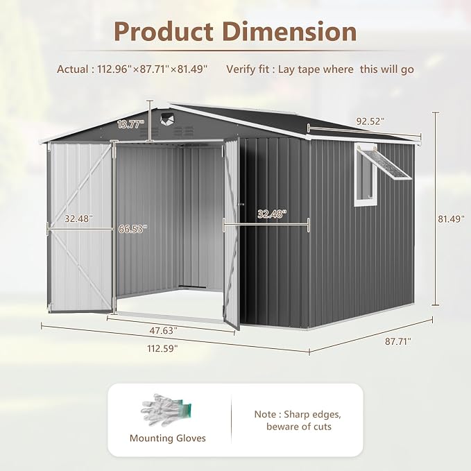10x8 FT Outdoor Storage Shed, Metal Garden Shed - Tool Storage Sheds with Lockable Doors & 1 Vented Clear Window, Waterproof Outside Storage Building for Backyard, Patio (Black; Floor Not Included) - Image 3