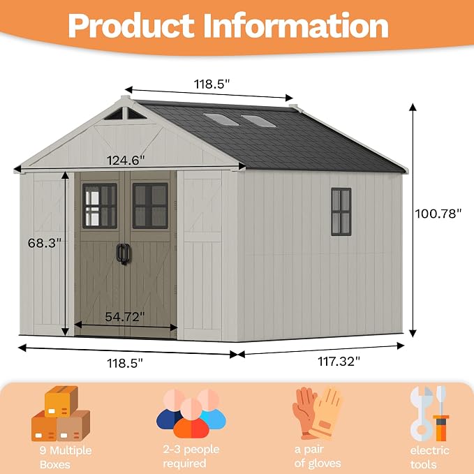Devoko 10x10 FT Resin Outdoor Storage Shed with Floor, Plastic Tool Garden Shed with Windows & Lockable Door, Outside Large Storage Shed for Patio Backyard Lawn, Beige - Image 2
