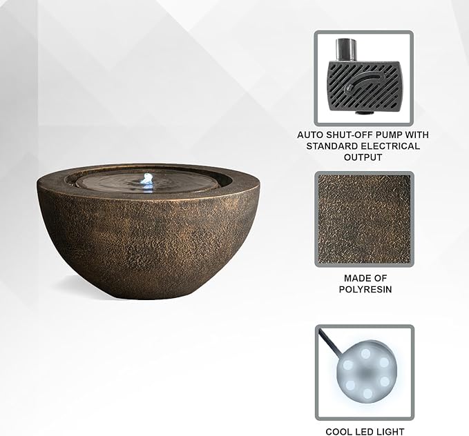 XBrand 19.8" W Round Sphere Water Fountain Indoor Outdoor with LED Light, Polyresin Bubbler Feature for Patio Garden Yard Home Décor, Bronze