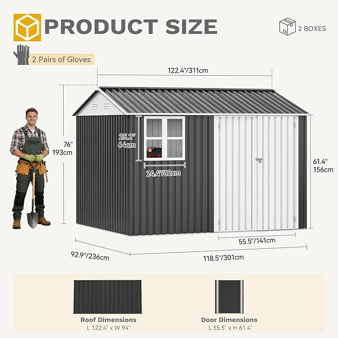 DWVO 10' x 8' Outdoor Storage Shed, Waterproof Metal Garden Shed with Windows, Lockable Doors, and Sloped Roof for Patio, Backyard, Lawn, Tool Storage, Bike Shed, Pet Shelter (Gray + White) - Image 9