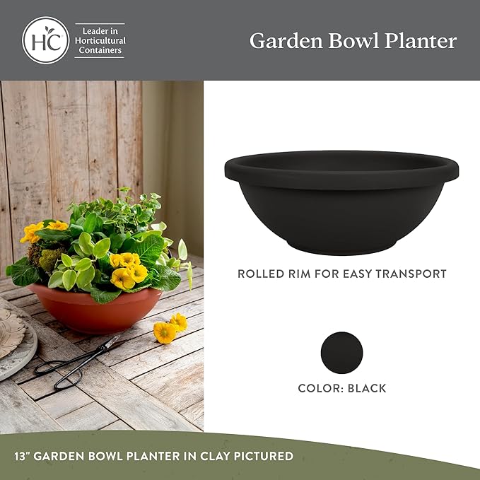 The HC Companies 20 Inch Shallow Garden Bowl Plant Pot with Drainage, Lightweight UV-Resistant Plastic Planters for Succulents, Herbs & More, 2-Pack Planters for Indoor Outdoor Home Decor, Black