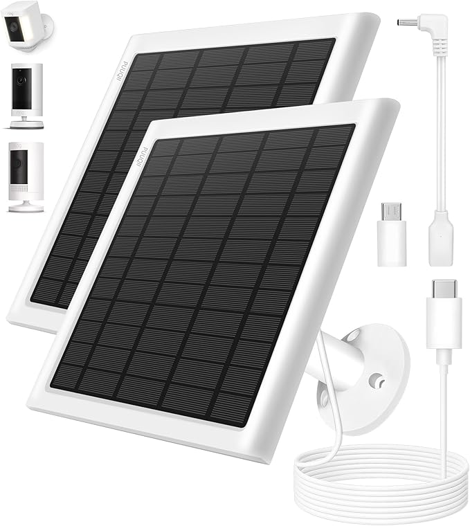 8W Solar Panel for Ring Camera, 2-Pack Solar Panel Charger Compatible with Ring Stick Up Cam Battery, Spotlight Cam Battery, Includes Barrel Plug to USB-C Adapter, IP65 Waterproof, 10ft Cable by PUUQII