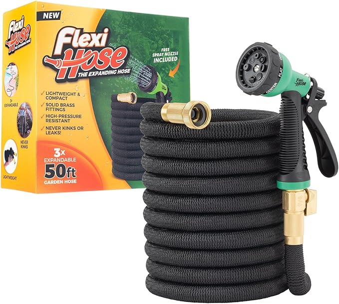 Flexi Hose Expandable Garden Hose with 8 Function Nozzle, 50FT - Lightweight Retractable Garden Hose, Water Hose - No-Kink Flexibility, 3/4 Inch Solid Brass Fittings and Double Latex Core by FlexiHose