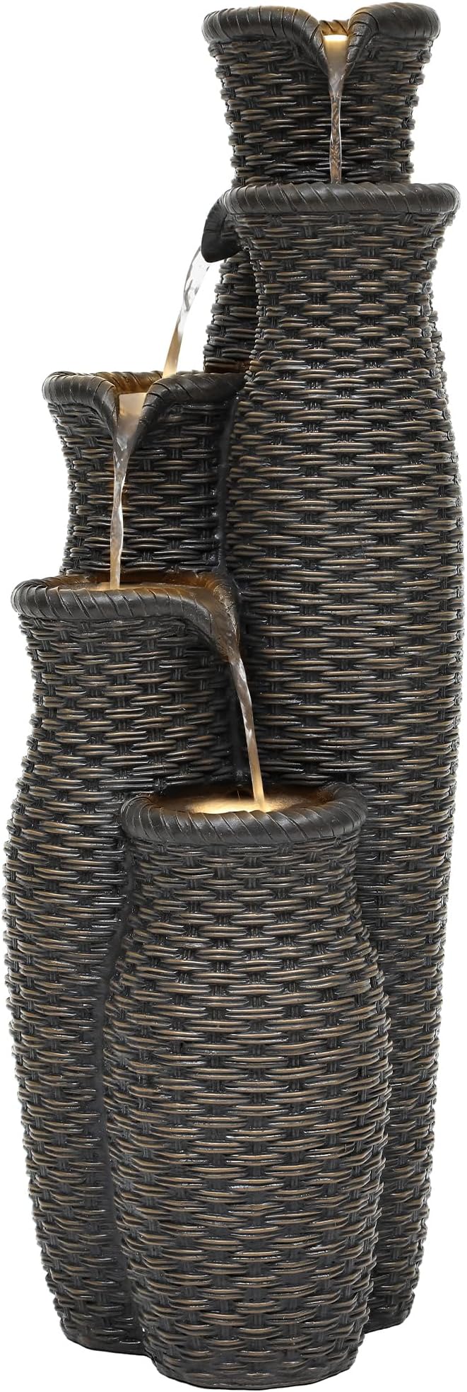 Wicker-Look Outdoor Water Fountain with Lights, 33" Tall 5-Tier Rattan Vase Cascading Waterfall Feature with Soothing White Noise for Patio Garden Backyard Porch Decor & Relaxation