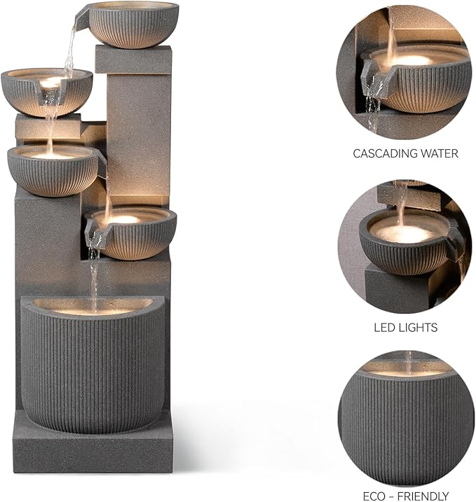 39.76” H 5-Tiers Cascading Bowls Outdoor Water Fountain Made with Eco-Friendly Recyclable Materials, Polyethylene Waterfall Fountain, Outdoor Decor with LED Lights for Patio, Backyard (39.76")