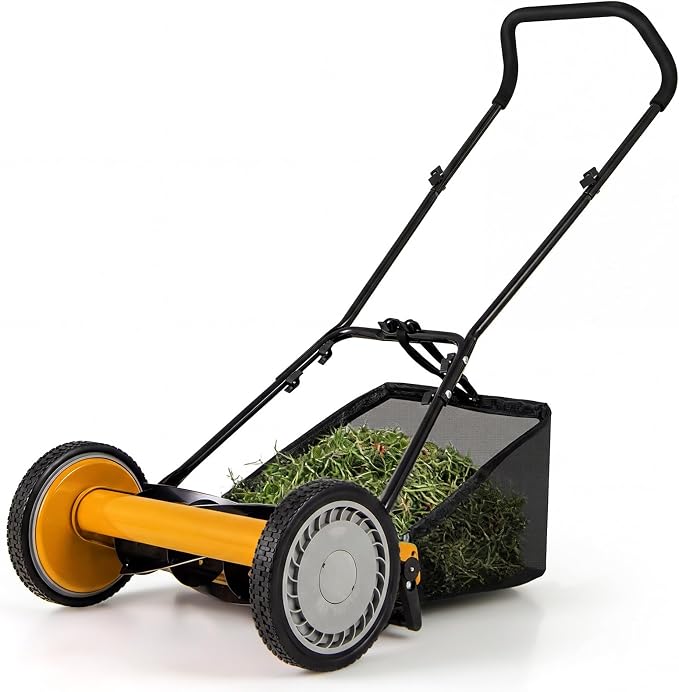 16-inch 5-Blade Push Reel Lawn Mower, Walk-Behind Grass Cutter w/Removable 7 Gallon Grass Catcher Bag & Adjustable Cutting Height, Cordless Manual Lawn Mower for Garden, Lawn, Yard (Orange) by BUYNOW
