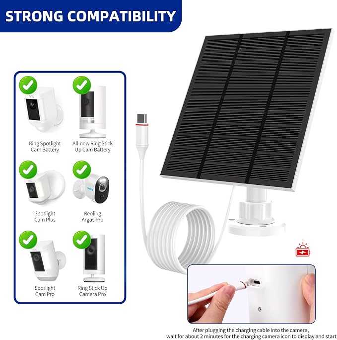 Solar Panels for Ring Camera Outdoor (New Generation) 5W 5V Solar Panel Charger with USB-C&Plug for Spotlight Cam Plus&Stick Up Cam Pro.Waterproof IP65 360°Adjustable 2M Cable (White, 2) - Image 2