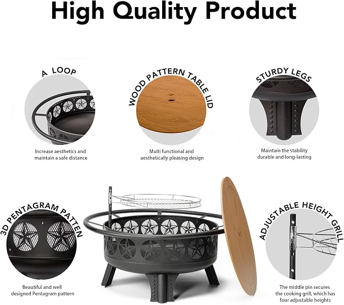 Verdeluxe 38” Wood Burning Fire Pits for Outside,3-in-1 Fire Pit with Grill, Spark Screen & Fire Poker,Outdoor Firepit Table with Swivel Cooking Grate for Yard BBQ Bonfire Patio Camping (38 inch) - Image 8