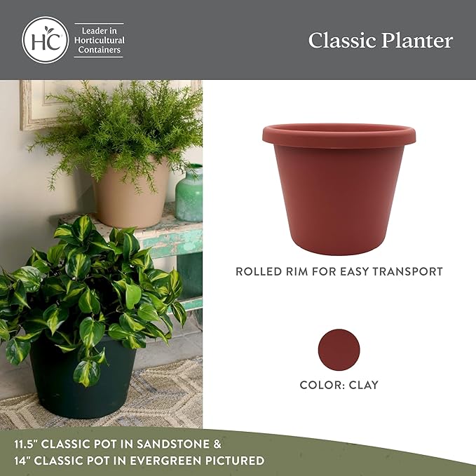 The HC Companies 15.5 Inch Classic Round Planter Pots with Drainage, Rolled Rim Plastic Planters for Indoor & Outdoor Plants, 2-Pack Decorative Flower Pots for Garden, Office & Home Decor, Clay